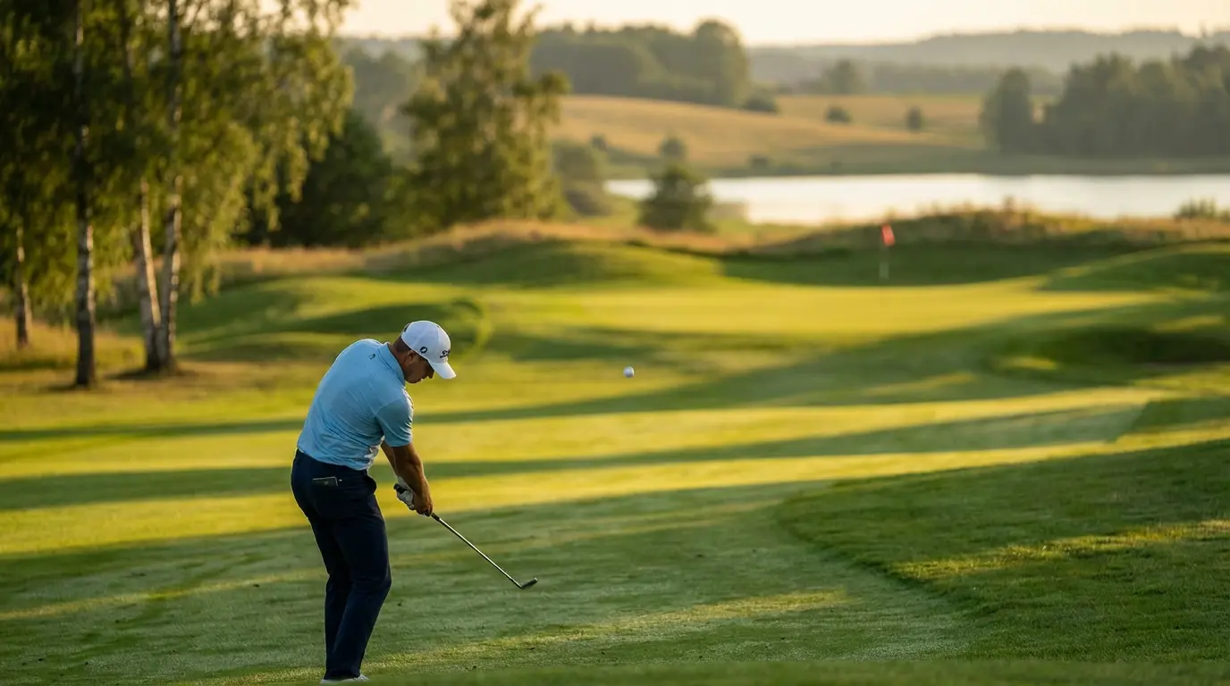 Golfspelare slår ett precist approach-slag mot greenen i solljus