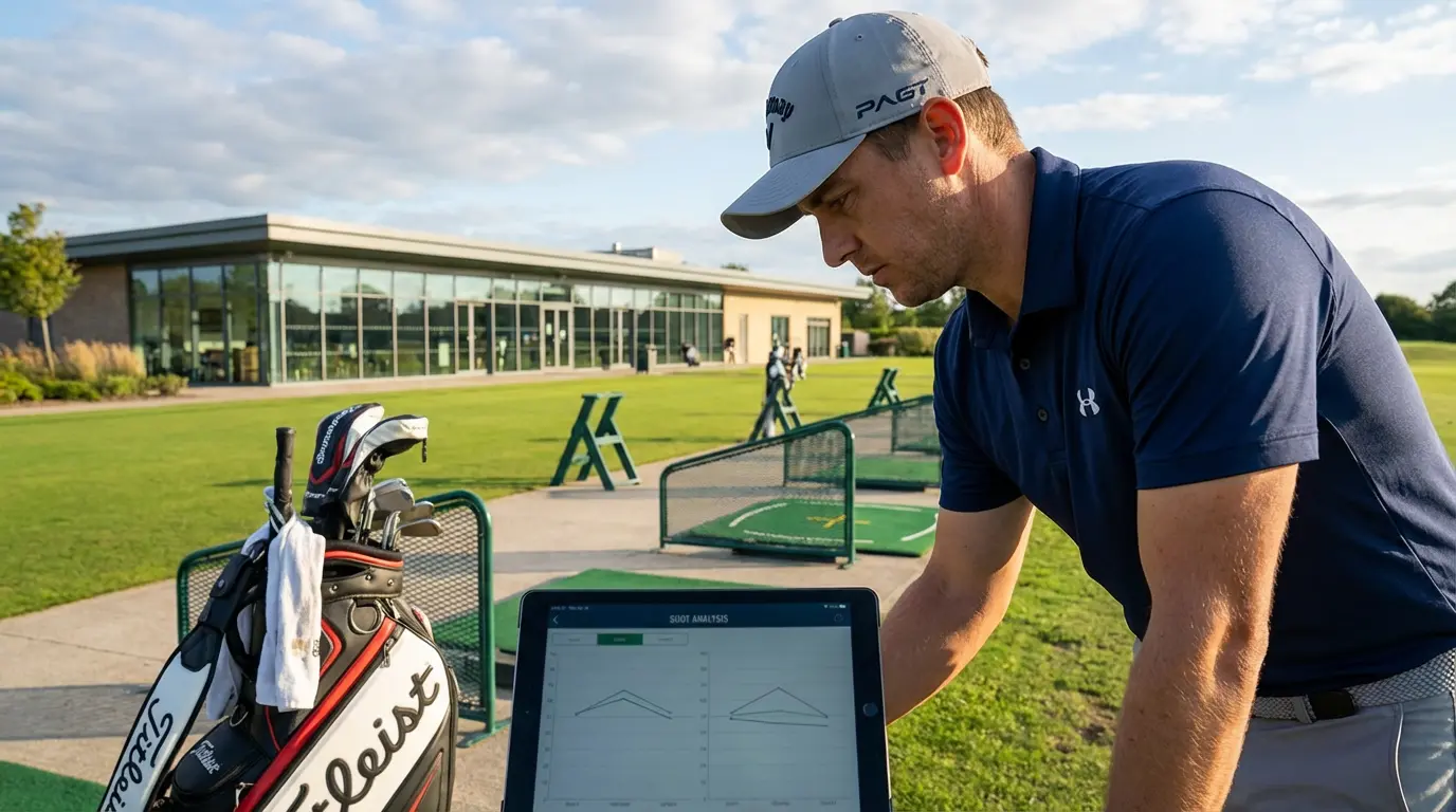 Golfspelare analyserar statistik på en tablet vid övningsgräsen